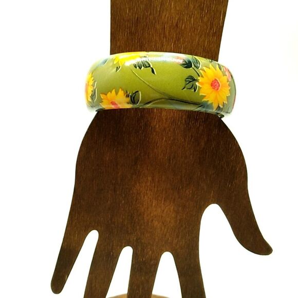 Vintage Chunky Green Orange Red Floral Bangle Bracelet 1" Wide - Picture 5 of 9